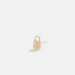 Coach 14K Gold Quilted Signature Padlock Single Stud Earring Jewelry Women Gold