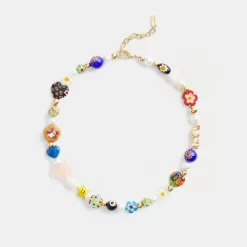 Coach Beaded Charm Necklace Jewelry Women Gold Multicolor