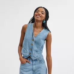 Coach Denim Vest In Organic Cotton Tops Women Blue