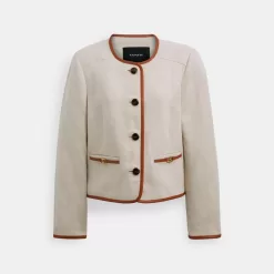 Coach Heritage C Canvas Cardigan Jacket With Leather Trim Jackets Women White
