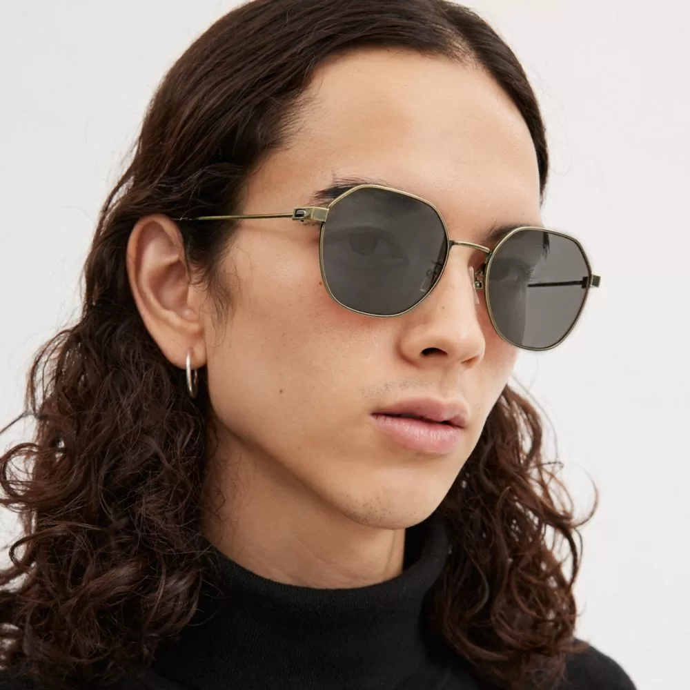 Coach Hinged Geometric Round Sunglasses Sunglasses Men Gold Black Coach Hinged Geometric Round Sunglasses Sunglasses Men Gold Black