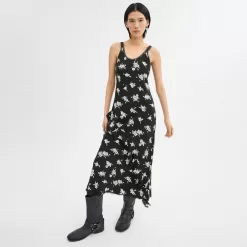 Coach Long Floral Ruffle Dress Dress Women Black White Multicolored