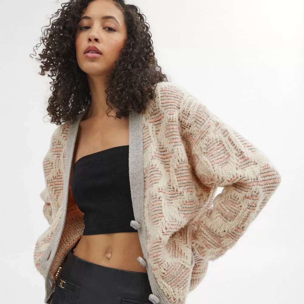 Coach Long Signature Cardigan Tops Women Pink Multicolor Coach Long Signature Cardigan Tops Women Pink Multicolor