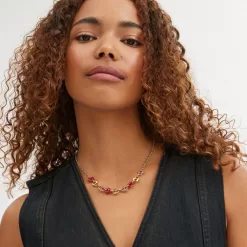 Coach Pave Hearts Chain Link Necklace Jewelry Women Gold Pink Multicolor