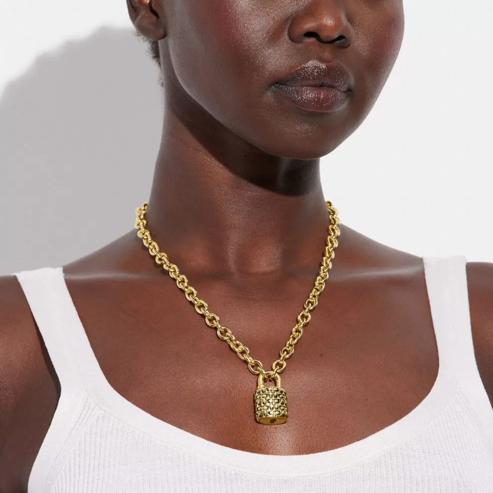 Coach Quilted Padlock Chain Necklace Jewelry Women Gold Black Coach Quilted Padlock Chain Necklace Jewelry Women Gold Black
