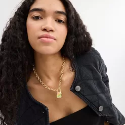 Coach Rainbow Quilted Padlock Chain Necklace Jewelry Women Gold Multicolor