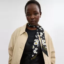 Coach Signature Daisy Cluster Print Silk Skinny Scarf Women Black