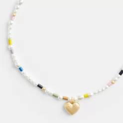 Coach Signature Heart Beaded Pearl Choker Necklace Jewelry Women Gold Multicolor