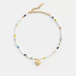 Coach Signature Heart Beaded Pearl Choker Necklace Jewelry Women Gold Multicolor