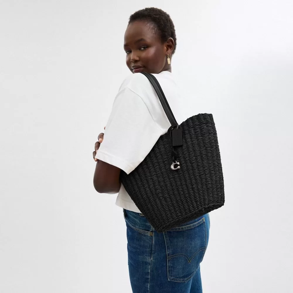 Coach Small Straw Tote Tote Bags Women Silver Black Coach Small Straw Tote Tote Bags Women Silver Black